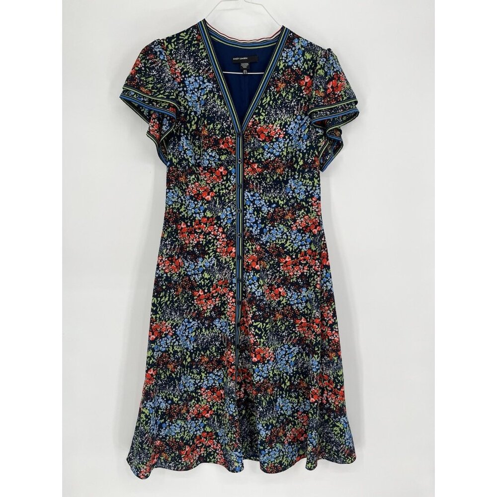 Maggy London Abbi Flounce Tea Length Floral Dress Flutter Sleeves Size 8